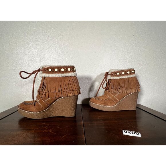 Sam Edelman Kemper Wedge Boots  Womens Sz 5 Suede Fringe Studded Platform - Picture 11 of 11